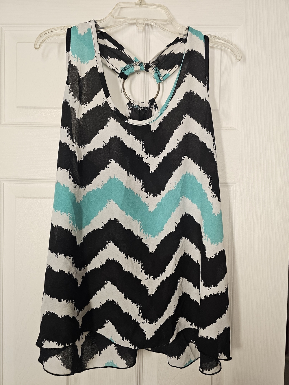Sleeveless Chevron Print Tank Top with Ring Detail - Black, White & Aqua